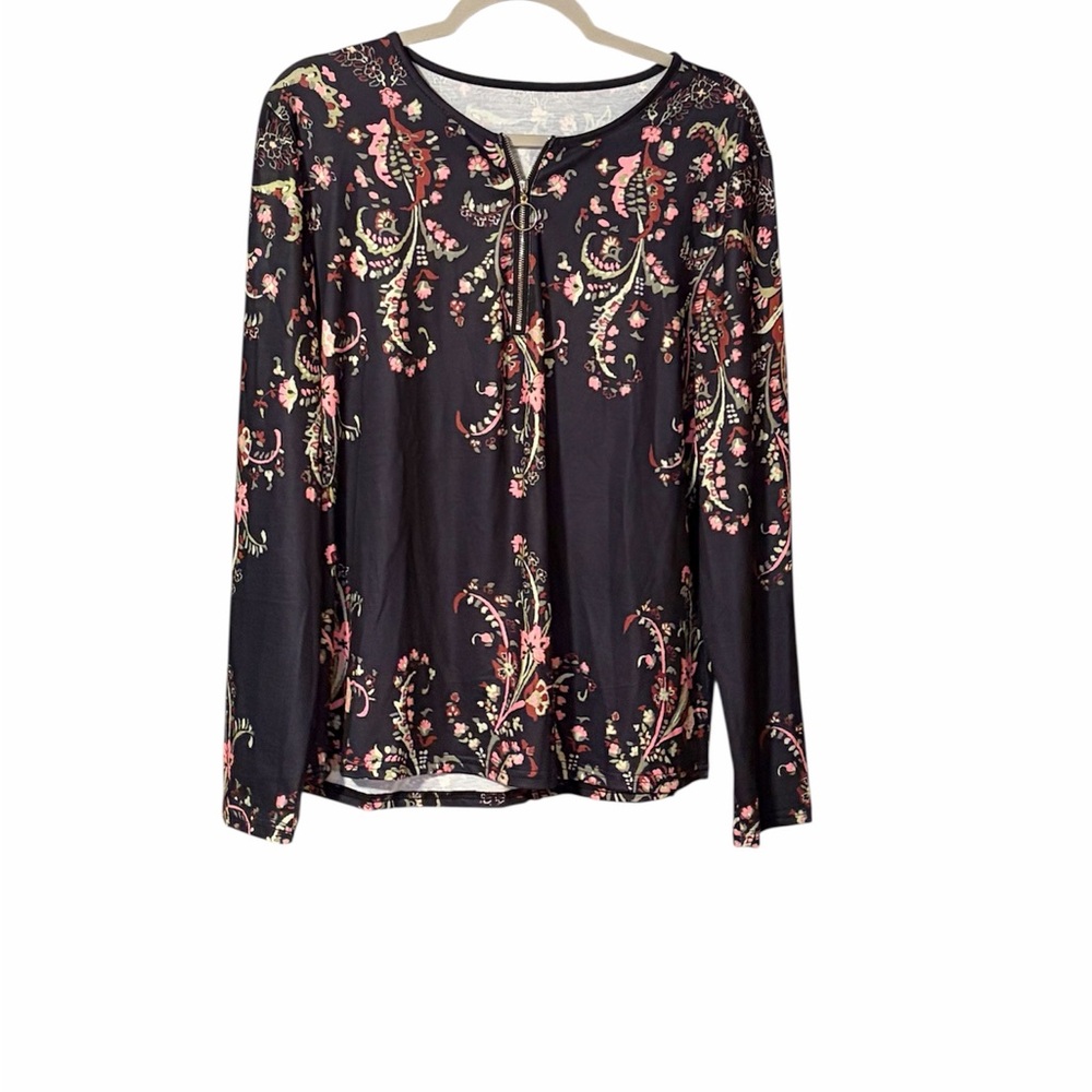 Floral Long Sleeve Women's Blouse Boho Extra Large Black Red Pink Green Zipper